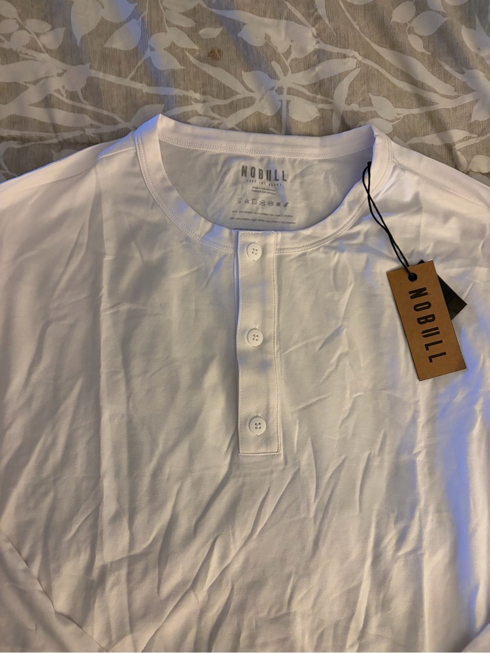 NOBULL Men's White Long-Sleeve Henley Shirt with Button Placket - Picture 2 of 4